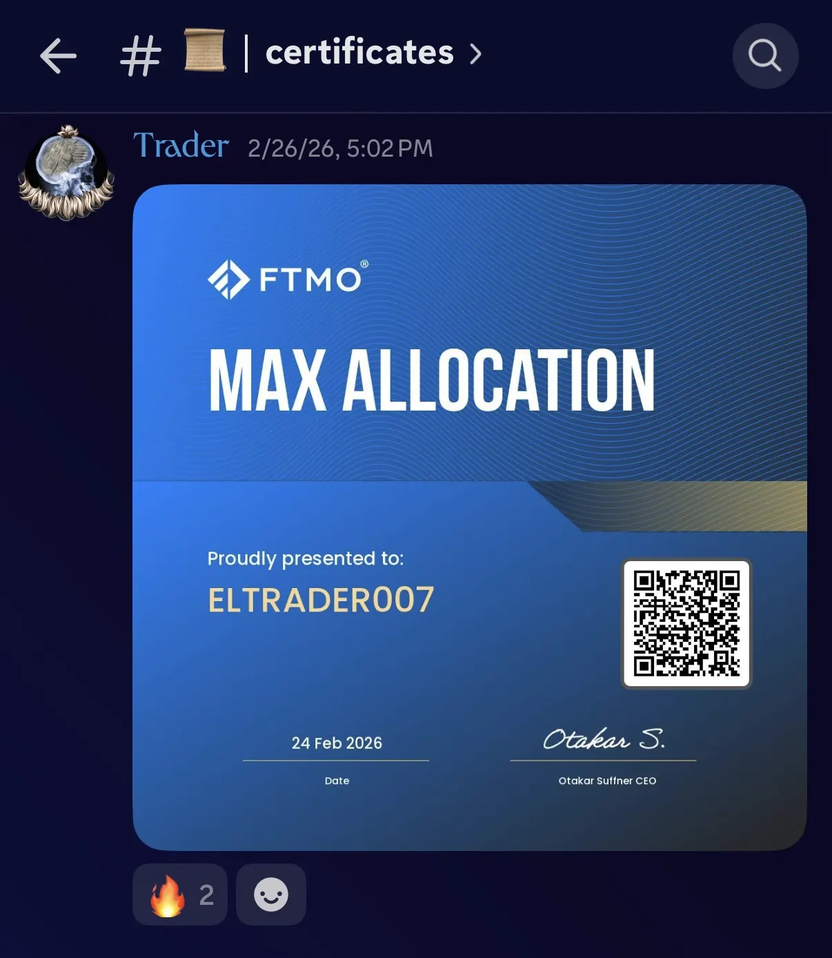 Student FTMO max allocation certificate