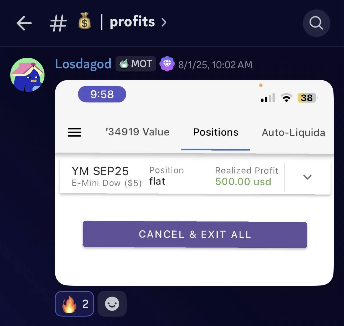 Student $500 trading result screenshot